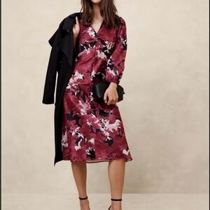 Banana Republic Floral Burgundy Long Sleeve v neck midi Dress